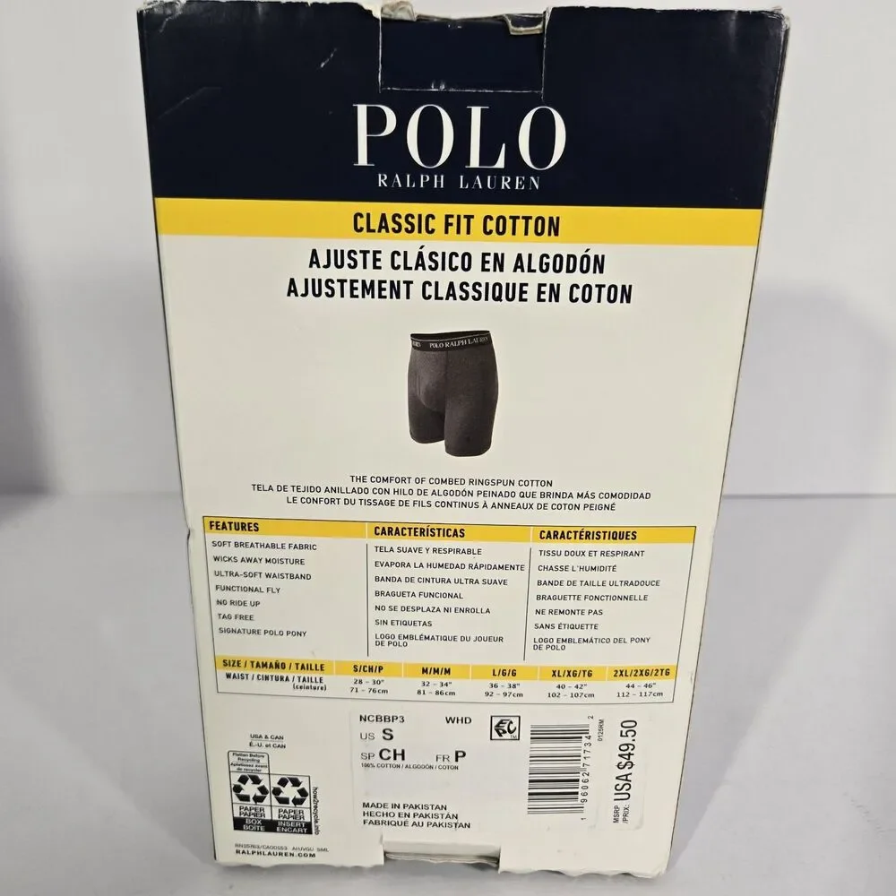 Polo Ralph Lauren Mens Small 3 Pack Classic Fit White Cotton Boxer Briefs S $49